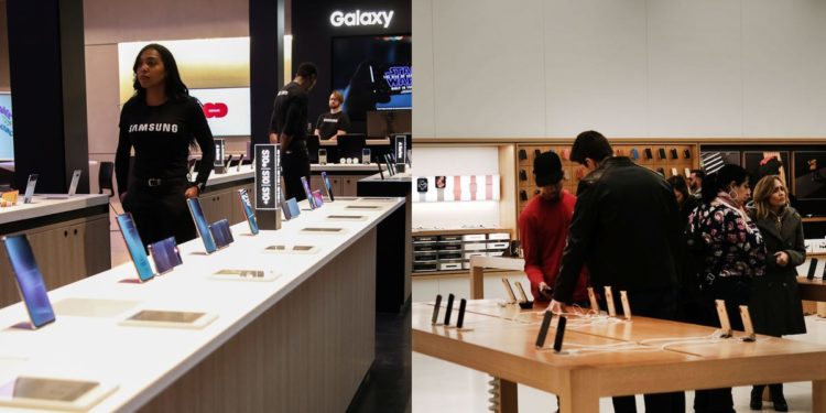 Samsung is taking a page out of Apple’s playbook by opening stores across the US. Here’s how retail spaces from the competing tech giants compare. (AAPL)